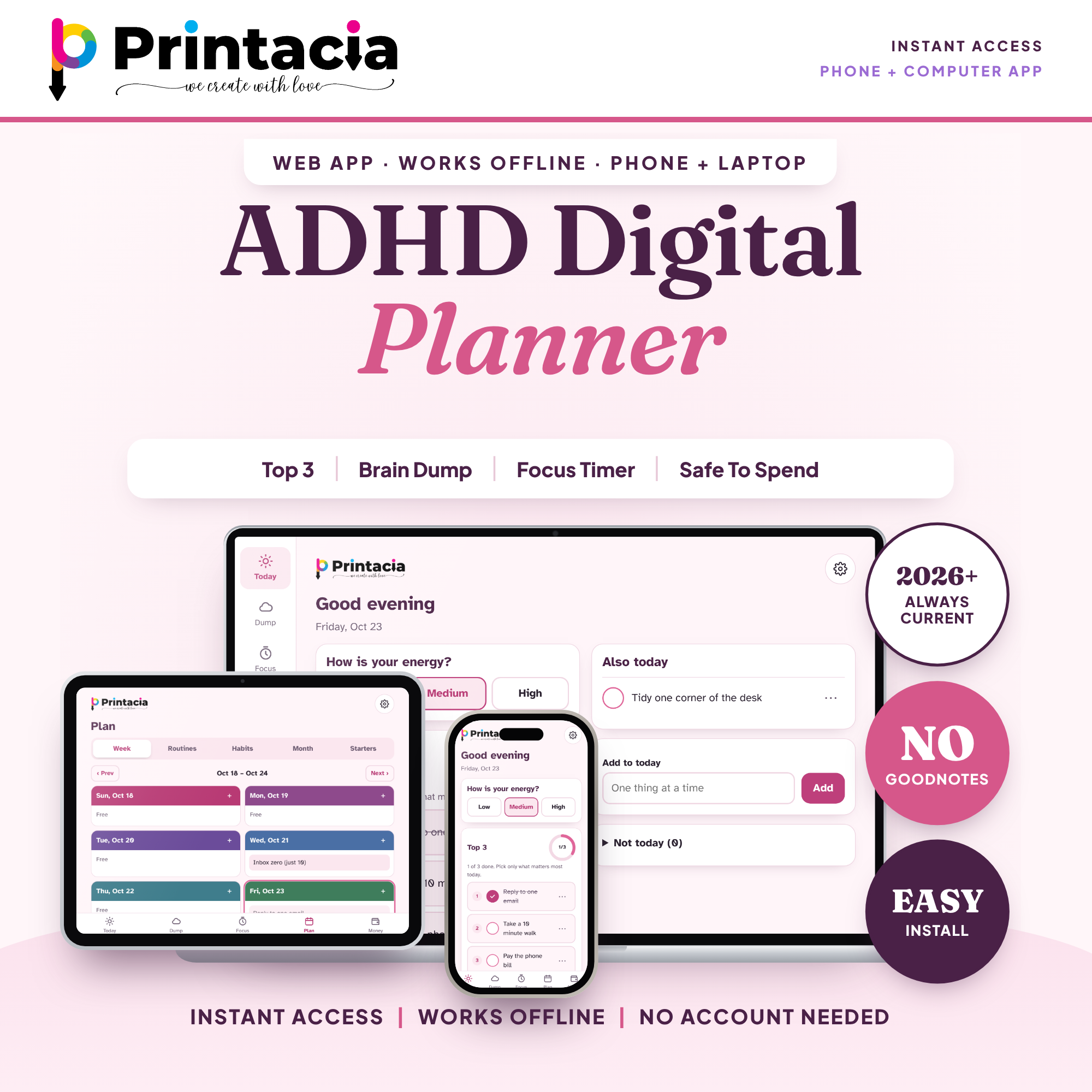 ADHD Digital Planner App 2027 | Brain Dump, Focus Timer & Budget Tracker | iPhone, Android, and PC